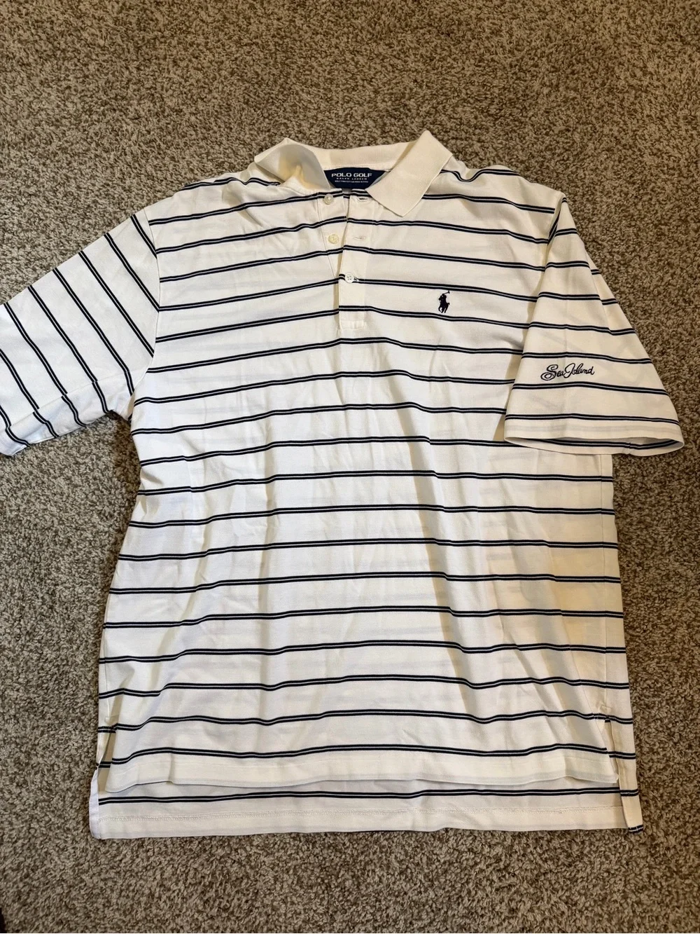 White Navy Polo Golf Sea Island Striped Polo Shirt